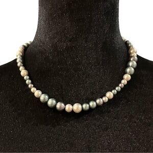 Faux Pearl Necklace 19 Inch Length Gray Silver Blue